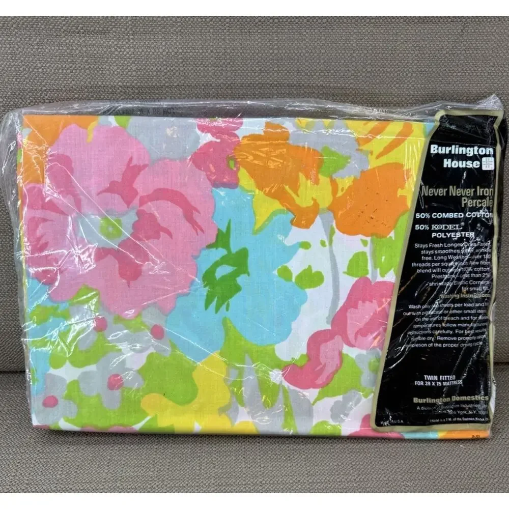 VTG Burlington House Never Iron Twin Fitted Sheet NOS Mod Floral Flowers 1960s